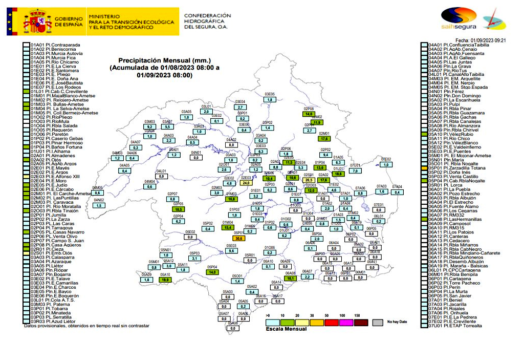 La cabecera de la cuenca del Segura recibe la mayor cantidad de lluvias durante este fin de semana